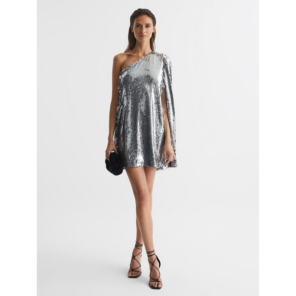 Reiss Dresses & Skirts - REISS‎ EVA SEQUIN CAPE ONE SHOULDER MINI DRESS NWT SILVER METALLIC SIZE US 10